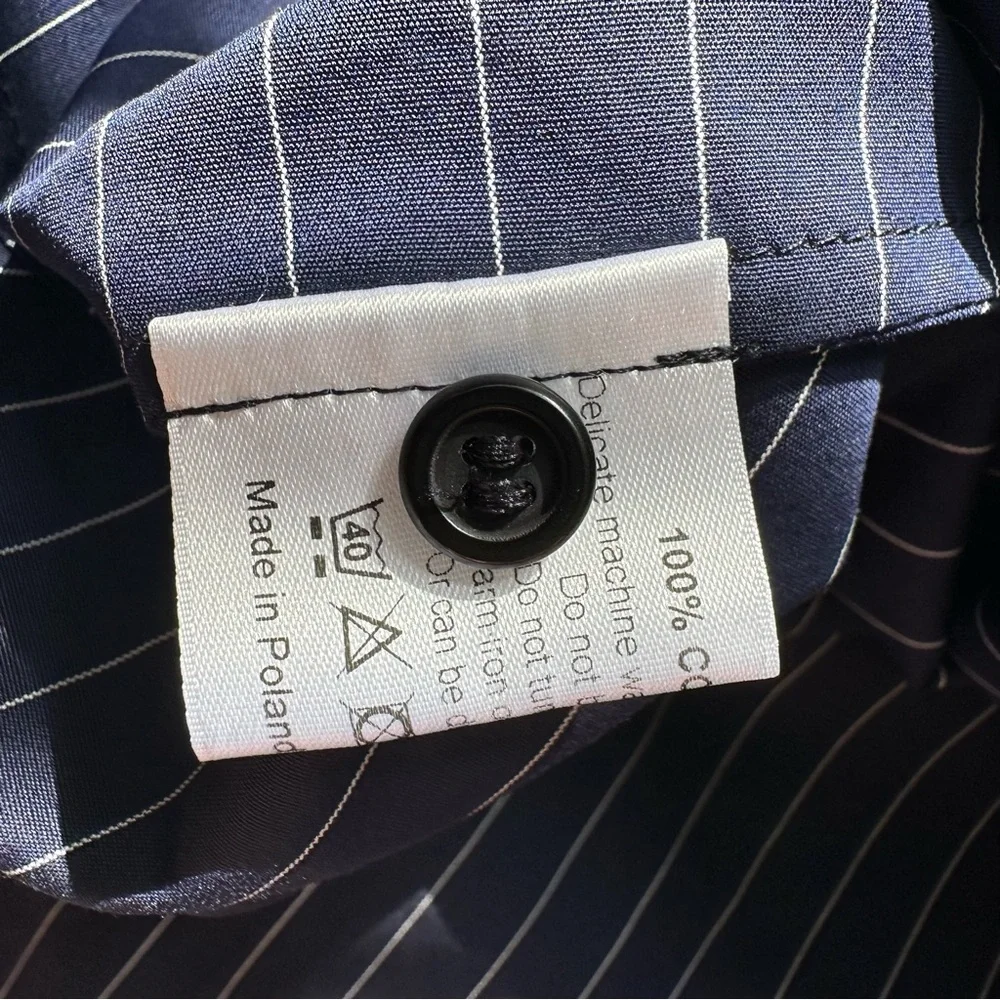 Eskandar Double Stand Collar Botton Shirt Navy Stripe Patchwork Cotton Luxury - Picture 7 of 13